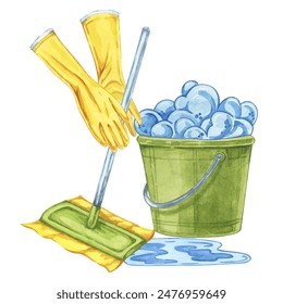 Bucket with soap foam, rubber gloves and wet mop composition. Watercolor illustration of household cleaning utensils. Clipart for home maintenance, housekeeping, janitorial or maid service, flyer - Powered by Shutterstock