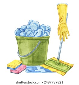 Bucket with soap foam, rubber gloves and wet mop composition. Watercolor illustration of household cleaning utensils. Clipart for home maintenance, housekeeping, janitorial or maid service, flyer - Powered by Shutterstock