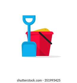  
Bucket And Spade With Sand Illustration Flat Icon Isolated On White, Kid Toys Tools Symbol, Pail Shovel Label, Modern Design Sticker, Sandbox Place Sign Badge Ribbon, Logo Concept Image