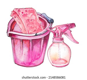 Bucket With Sponge And Detergent Spray Illustration. Watercolor Hand Painted Tools For House Cleaning. Cleaning Service Design. Housework Concept Clipart. Floor And Window Cleaning Supplies.