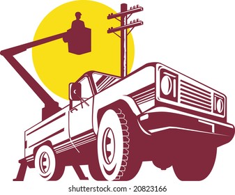 Bucket truck viewed from a low angle with sun in the background