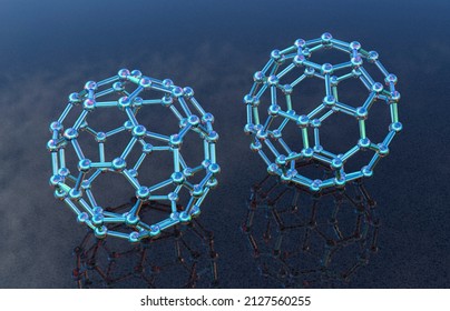 Buckyball, or buckminsterfullerene molecule, 3D illustration. A fullerene molecule is a structurally distinct form (allotrope) of carbon with 60 carbon atoms arranged in a spherical structure