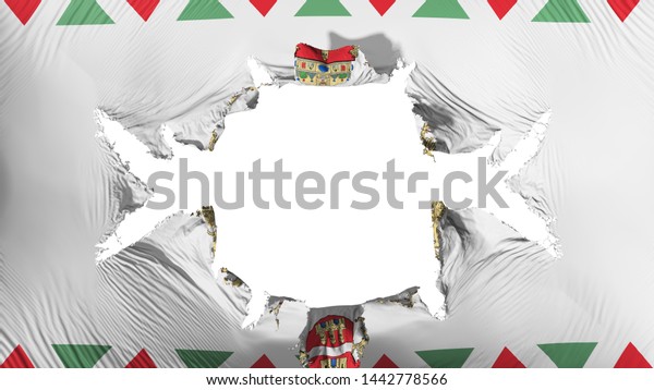 Budapest, capital of Hungary flag with a big\
hole, white background, 3d\
rendering