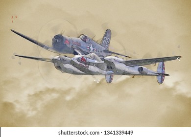 Budapest, Hungary - May 1st 2015: Mixed-art style illustration of Flying Bulls P-38 & F-4U in Budapest May Day Airshow