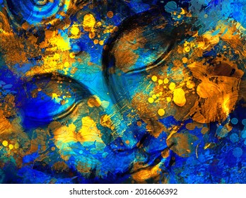 Buddha - digital art collage combined with watercolor. Blue and yellow splashes and stains of paint. An unusual painting hand drawn for the interior
