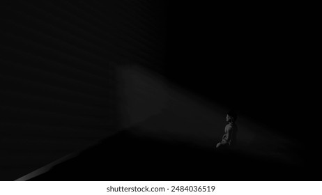 A Buddha statue is sitting in self meditation mode in a dark room (3D Rendering) - Powered by Shutterstock