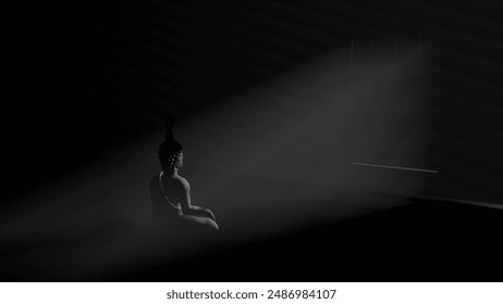 A Buddha statue is sitting in self meditation mode in a dark room (3D Rendering) - Powered by Shutterstock