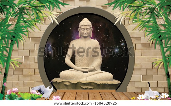 Buddha wallpaper meditating in background galaxy and brick Wall, bamboo. 3d illustration for wall decor.