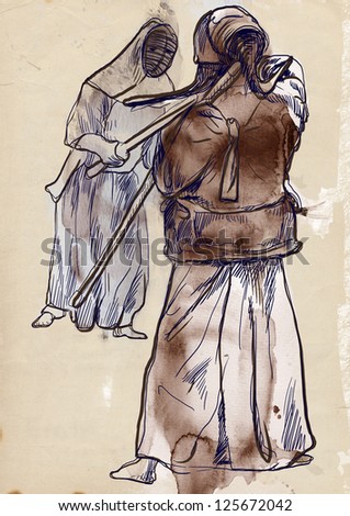 Budo, Japanese martial art./ A hand drawn illustration of two budo warriors fighting during a match.Colors:shades of gray, blue and brown - imitation of watercolor painting with contours on old paper.