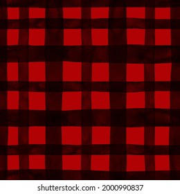 Buffalo Plaid Check Seamless Pattern. Hand Drawn Black Lines, Stripes On Red Backdrop. Checkered Background Texture. Farmhouse Style Print. Gingham Wallpaper.