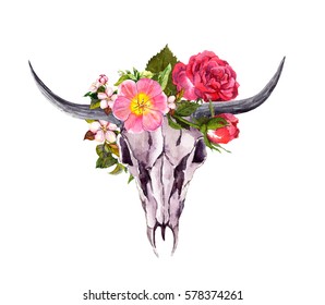 Buffalo skull with flowers. Watercolor in boho style