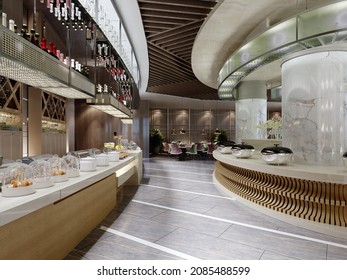 buffet restaurant design in a modern style with counters and different food on the tables. 3D rendering. - Powered by Shutterstock