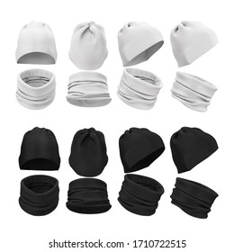 Buffs On The Head And Neck. Hat And Scarf. How To Tie And Wear A Buff. Black And White Realistic 3d Templates Of Headwear, Sportswear. Empty Mock Up For Print. 3d Render.