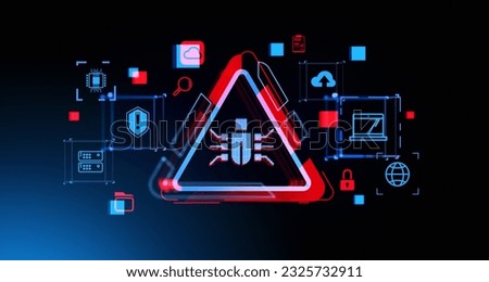 Bug detection and online security, hacker attack and cyber crime. Glowing digital technology and software icons. Concept of computer protection and antivirus. 3D rendering illustration