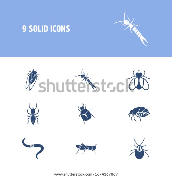 Bug icon set and earthworm with monarch, mite and cicada. June bug ...
