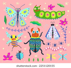Bugs butterfly moth and caterpillar, different insects bugs and fly collection in hand drawn style, modern insects print set. Cartoon in freehand artistic drawing design style.