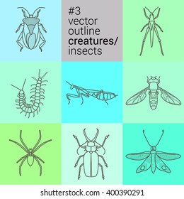 Bugs Insects Set. Chinch, Water Strider, Myriapod, Mantis, Wasp, Spider, Stag Beetle, Moth