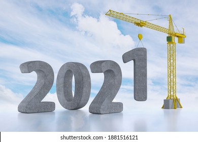 Build the Future Concept. Tower Crane with 2021 Year Sign on a cloud background. 3d Rendering - Shutterstock ID 1881516121