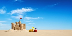 Build Sand Castle From Sand On The Beach On Vacation In Summer By The Sea (3D Rendering)