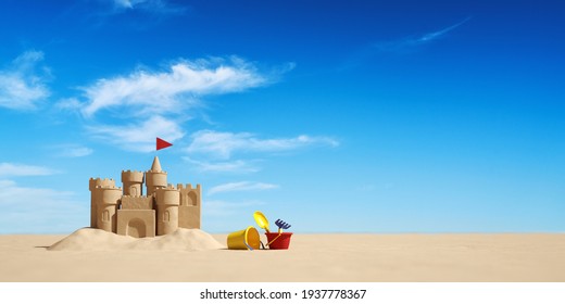Build sand castle from sand on the beach on vacation in summer by the sea (3D Rendering)