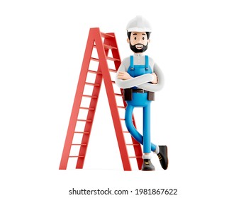 builder cartoon character, funny worker or engineer with ladder isolated 3d illustration. - Powered by Shutterstock