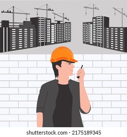 Builder in hard hat, buildings, construction cranes -  Poster. Banner. Builder's Day. - Powered by Shutterstock - Get 15% off with code: PIKWIZARD15