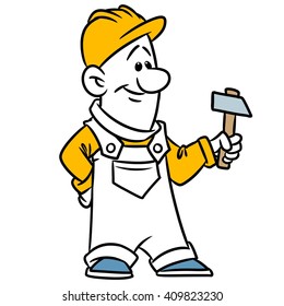 Builder man hammer cartoon illustration