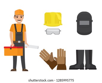 Builder with mustache, cap, toolbox, plan in overalls with set of hardhat, goggles, safety mask, gloves and rubber boots raster illustration.