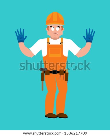 Builder oops guilty . Worker in protective helmet culpable. Service worker Serviceman apologize.  