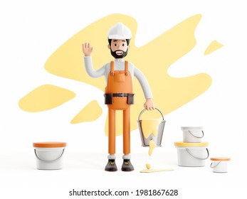 builder painter plasterer cartoon character, funny worker or engineer with buckets of paint isolated 3d illustration.