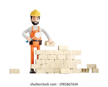 Builder painter plasterer cartoon character, funny worker or engineer building a brick wall isolated 3d illustration. - Powered by Shutterstock