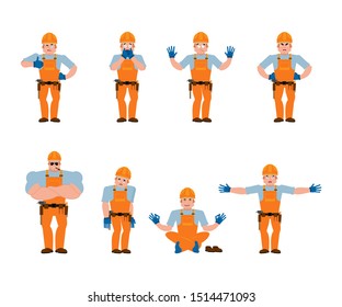 Builder set poses and motion. Worker in protective helmet happy and yoga. Serviceman sleeping and angry. Service worker guilty and sad.   - Powered by Shutterstock