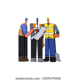 Builders, Engineer and architects illustrations. Architectural project planning, development and approval. Building industry teamwork concept. Professional contractors and engineers.