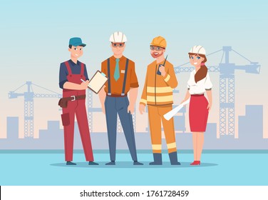 Builders and engineers background. Cartoon factory workers and business characters at construction.  illustration team management worker man and woman - Powered by Shutterstock