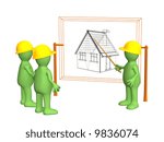 Builders - puppet, discussing the project of a building. Objects over white