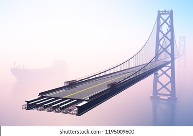 Building A Bridge In The Fog. ,3d Render