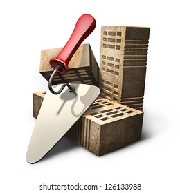 Building and construction concept. bricks and metal trowel isolated on white background. High resolution 3d render