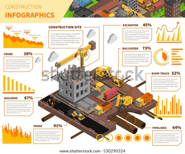 Building construction\
isometric infographics with data about use of worker force and\
equipment  illustration\
