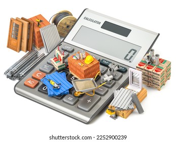 Building and  construction materials and tool on calculator. Calculating costs of construction and renovation concept. 3d illustration - Powered by Shutterstock