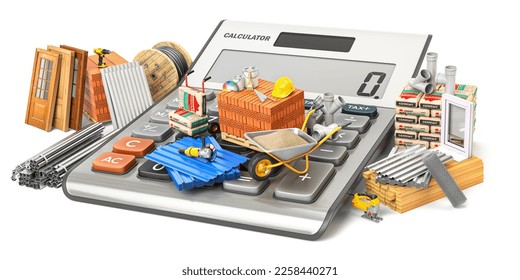 Building and  construction materials and tool on calculator. Calculating costs of construction and renovation concept. 3d illustration - Powered by Shutterstock