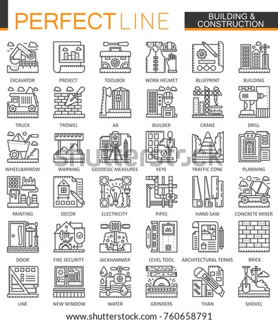 Building and construction outline mini concept symbols. Home repair tools modern stroke linear style illustrations set. Perfect thin line icons.