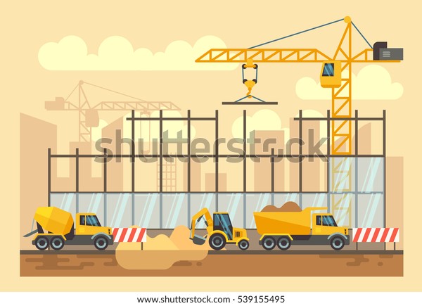 Building construction process, engineering\
tools, materials, construction equipment flat illustration.\
Bulldozer and\
excavator.