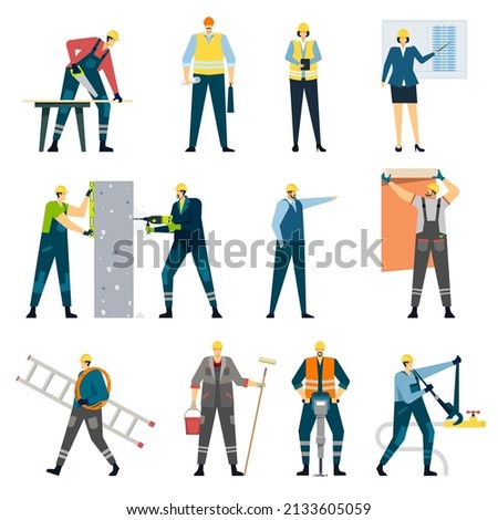 Building construction worker, contractor, engineer, architect, builder. Professional maintenance, home renovation and repair workers  set. Wallpapering and painting walls with roller