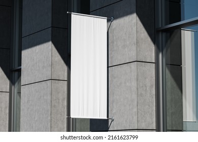 Building Exterior With Blank Roll Up Poster Mounted, Grey Tile Wall. City Mockup Copy Space Banner For Commercial Ad. 3D Rendering