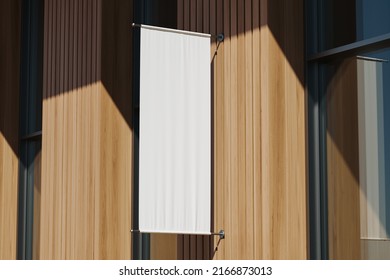 Building Exterior With Blank Roll Up Poster Mounted, Side View, Wooden Wall. City Mockup Copy Space Banner For Commercial Ad. 3D Rendering