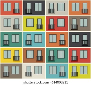 Building facade seamless pattern. Background with windows and balconies. Raster version