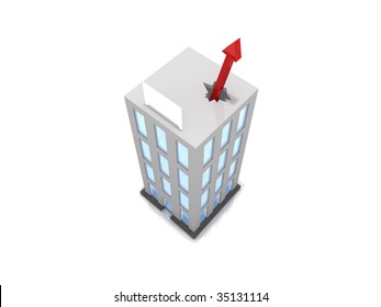 Building with financial graph poking through the roof symbolizing business success. Blank sign.