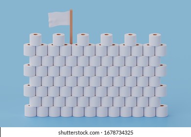 Building A Fortress Out Of Toilet Paper Due To Stress And Fear From A Coronavirus Epidemic. Total Purchase Of Toilet Paper In Supermarkets. 3d Illustration