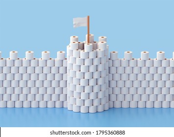 Building A Fortress With Tower Out Of Toilet Paper Due To Stress And Fear From A Coronavirus Epidemic. Total Purchase Of Toilet Paper In Supermarkets. 3d Illustration