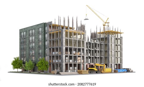 Building in half of construction with a finished building facade on white background. 3d illustration